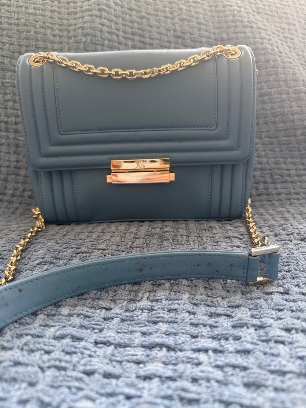 Italian Luisa Spagnoli Blue Quilted Chain Shoulder Bag with Gold Hardware